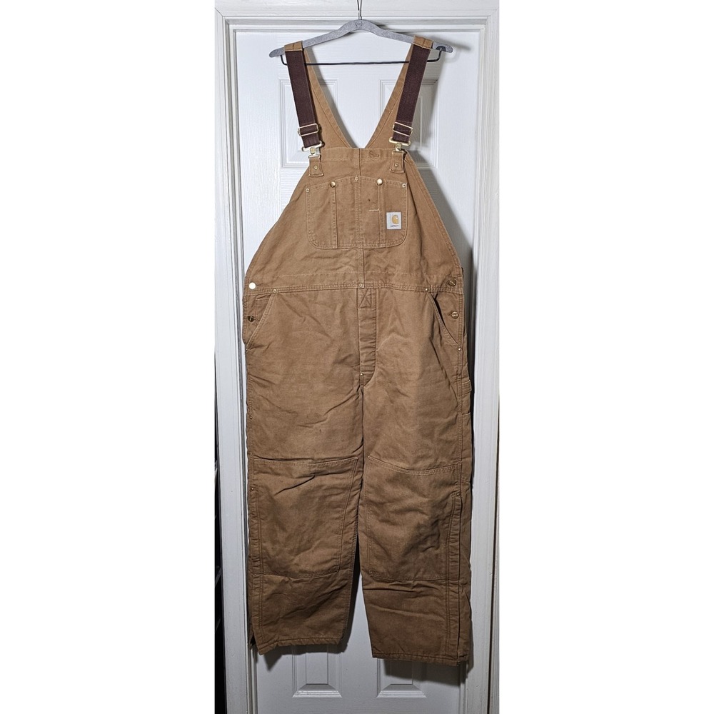 Vintage Carhartt Bib Overalls Mens Size 46x30 Brown Duck Quilt‎ Lined USA 90s